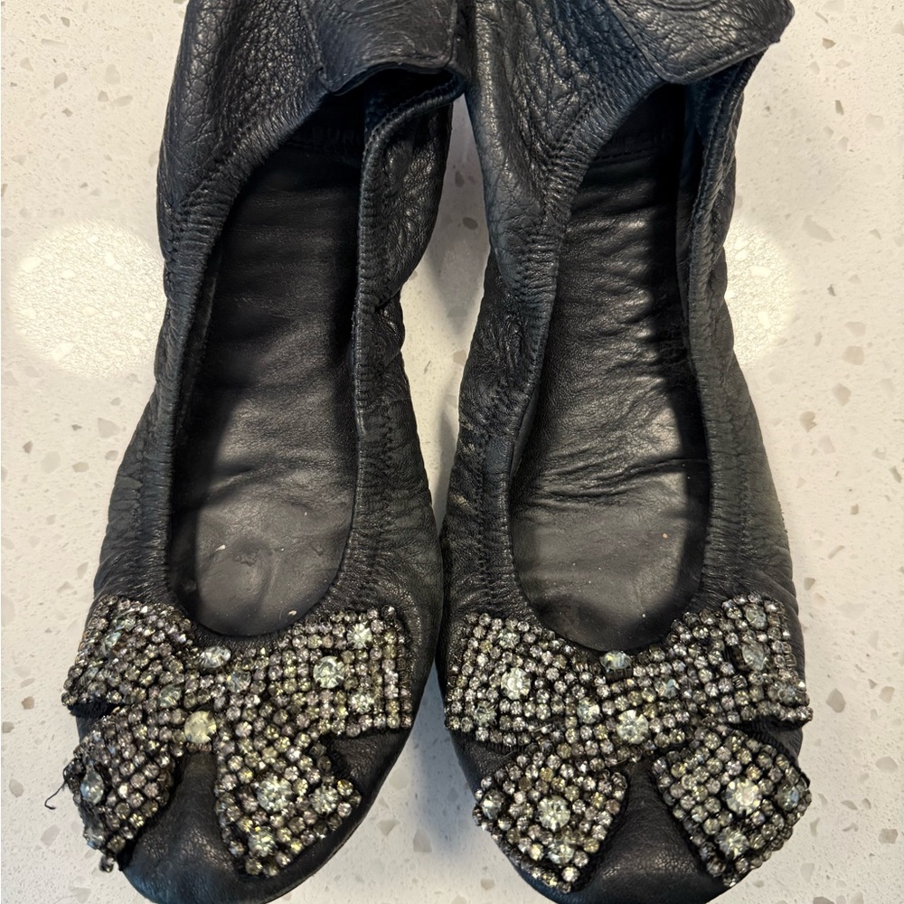 Tory Burch Black Flats with Sparkling Bow